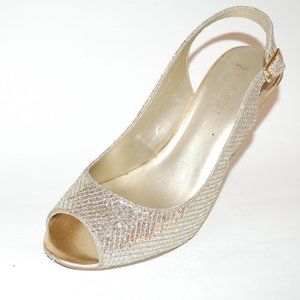 Nine West Silver Slingback Peeptoe Pumps with Gold Heels